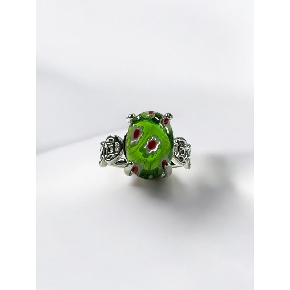 925 Sterling Silver Murano Style Millefiori Glass Ring Sz 6 Green Red Flowers